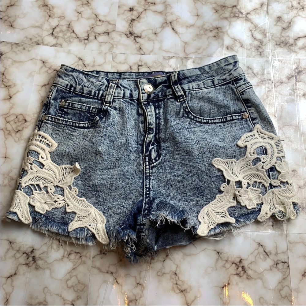 Cut off jean shorts with lace sides high waisted